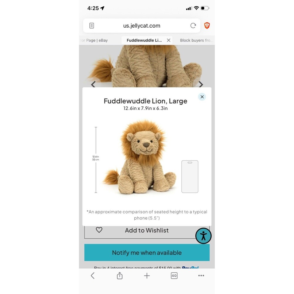 Jellycat Fuddlewuddle Lion 12” Large Stuffed Animal Toy - Picture 15 of 15